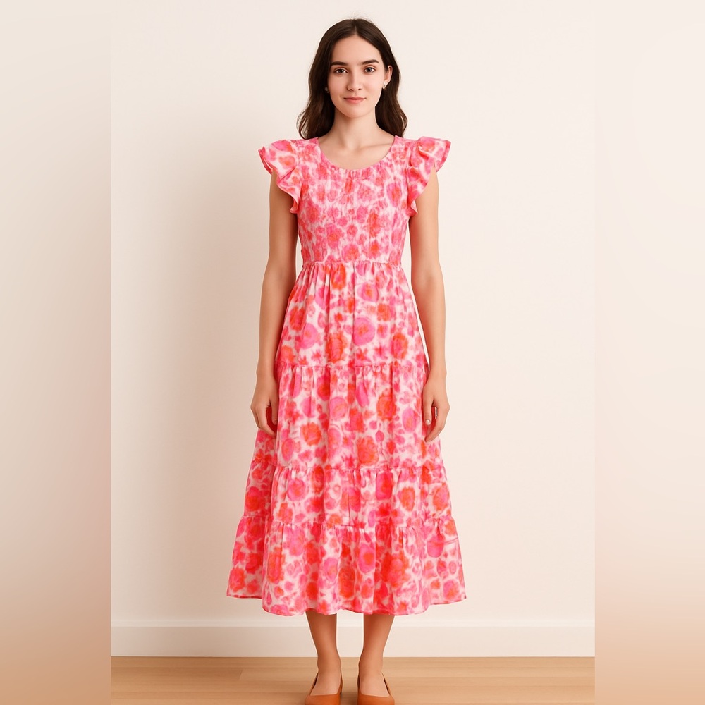 Pink Flutter Sleeve Midi Dress for Weddings